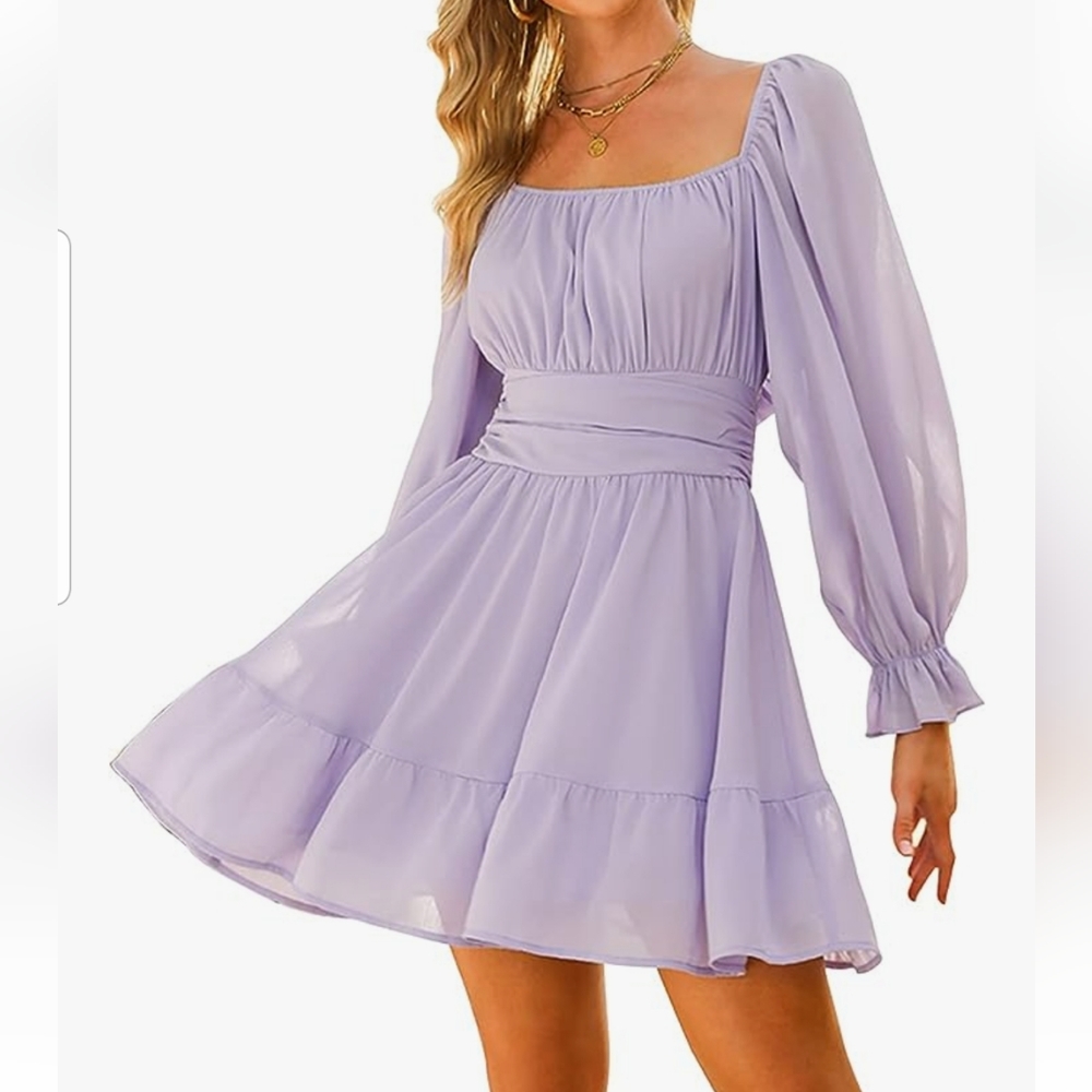 Exlura Romantic Lavender Tie Back Cottagecore Coquette Long Sleeve Dress